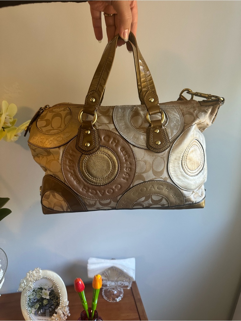 Coach Ashley Patchwork Satchel Handbag in Gold, Silver and Beige